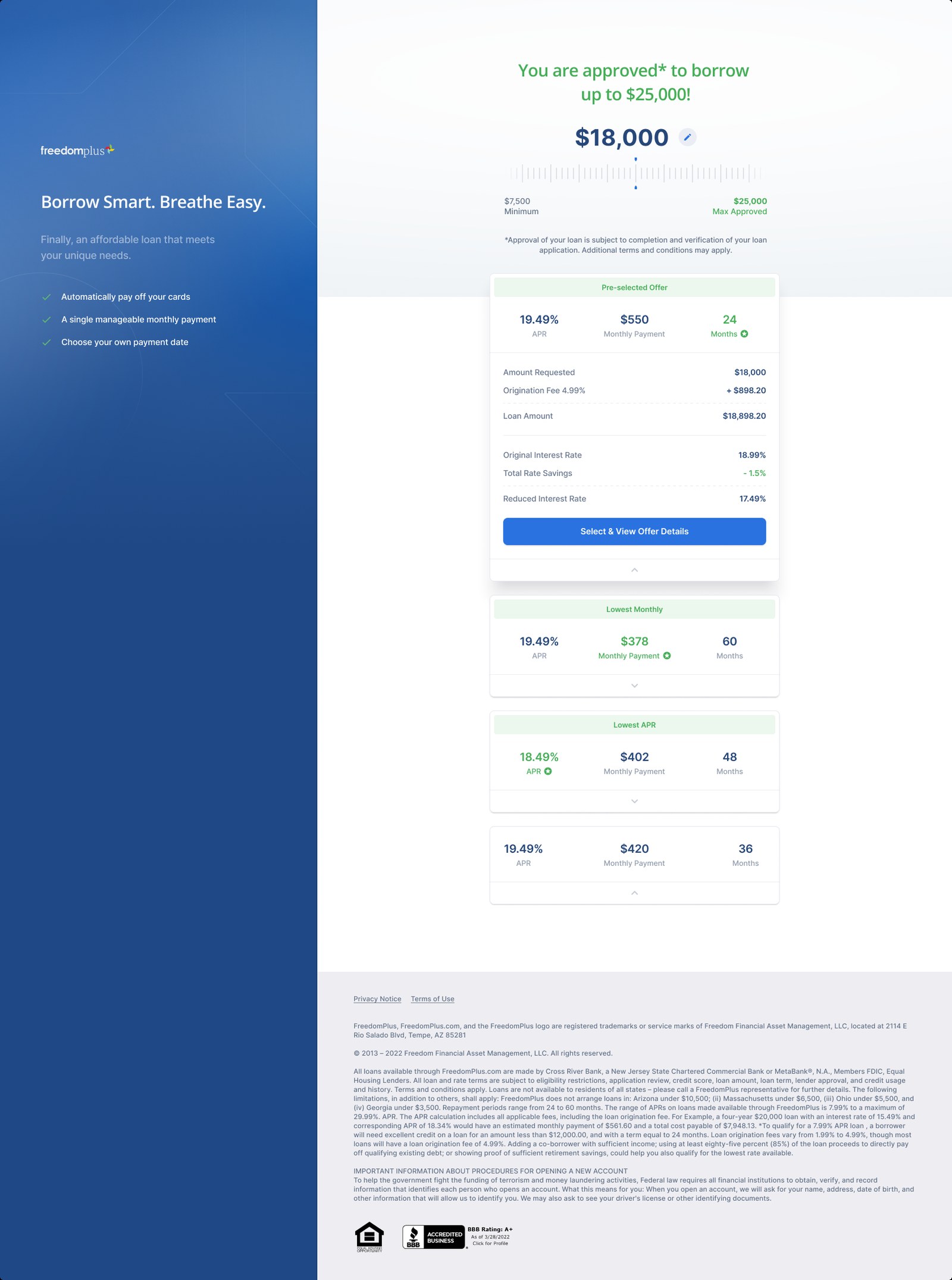 FreedomPlus offer page reading approved to borrow up to 25,000 dollars