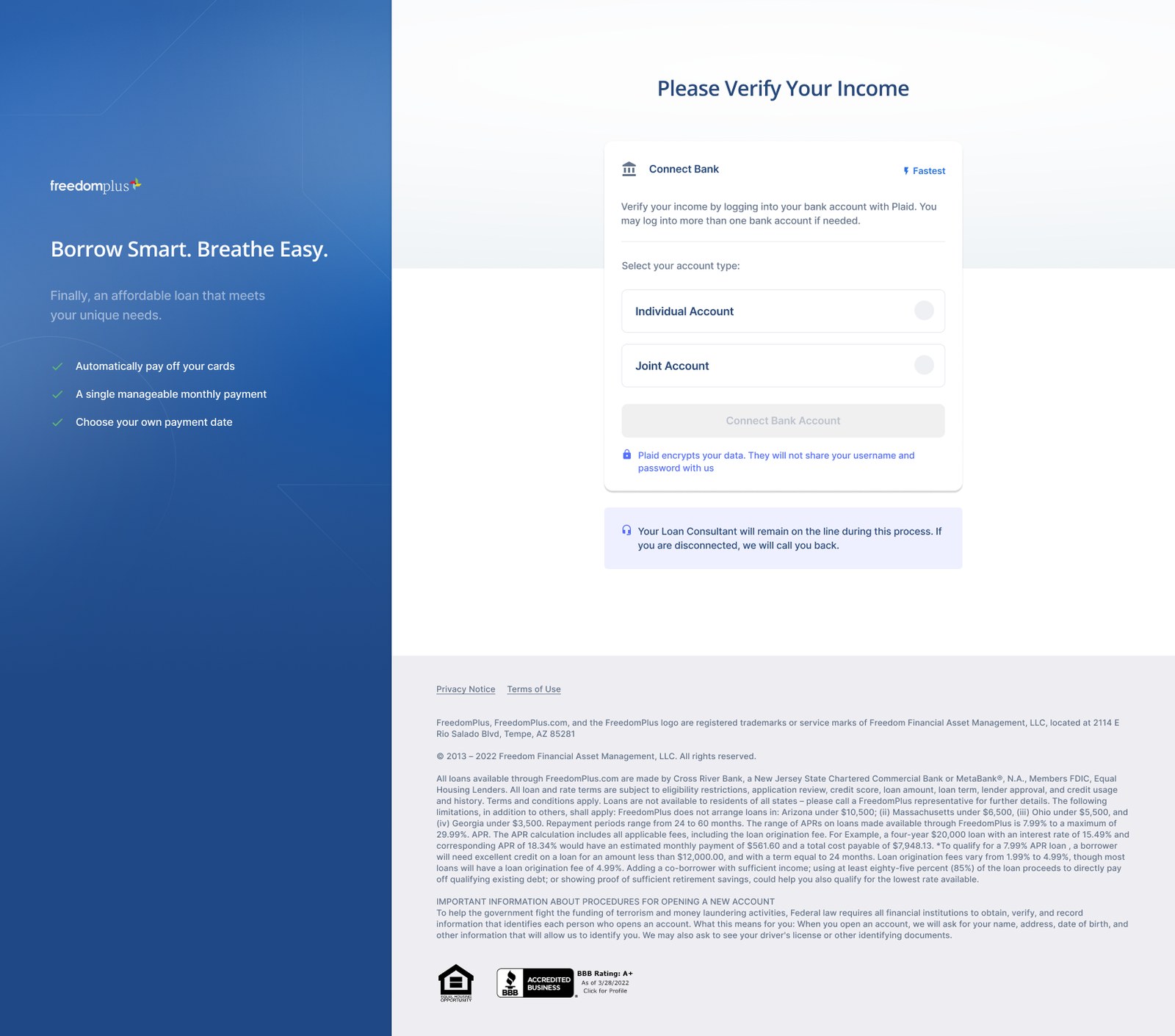 FreedomPlus verify income screen using Plaid