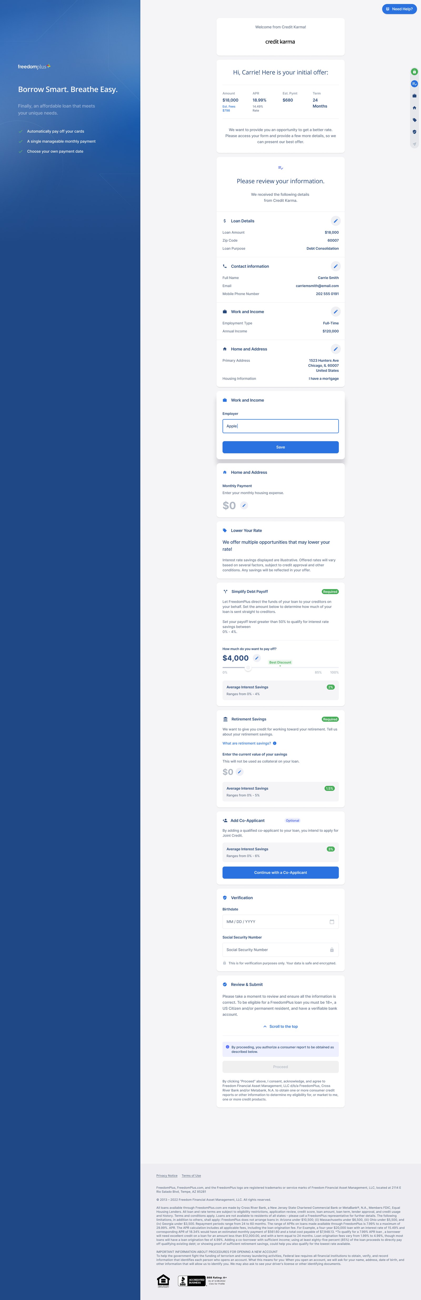 FreedomPlus loan application page on desktop