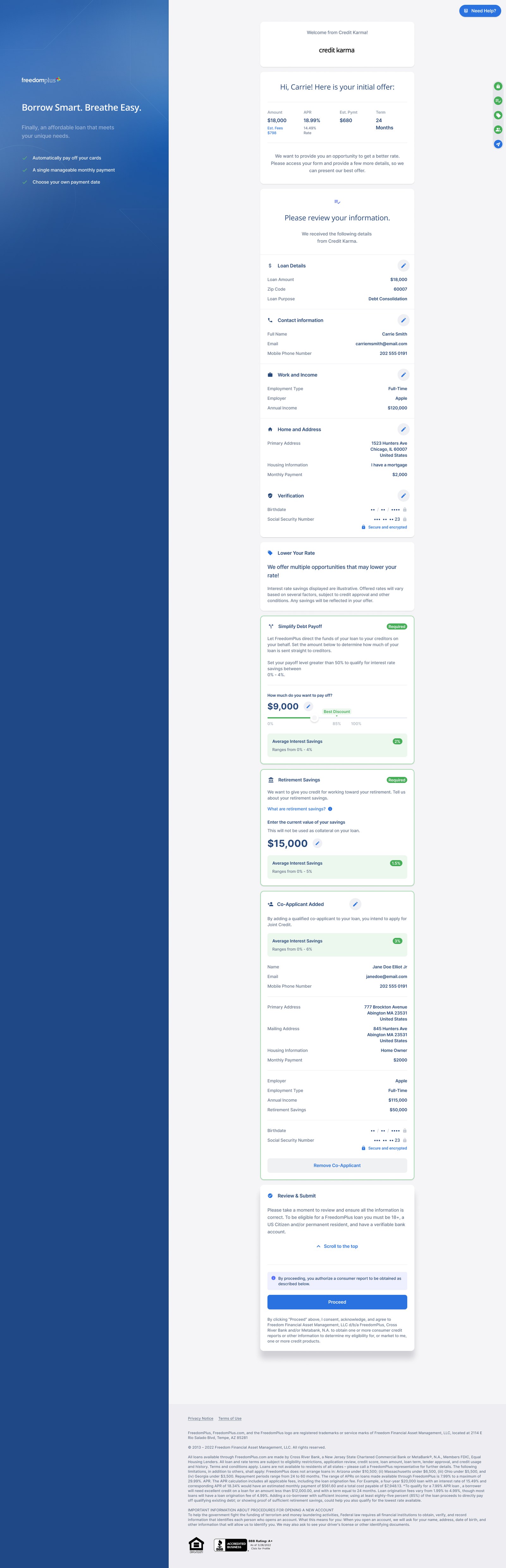 FreedomPlus co-applicant flow on desktop