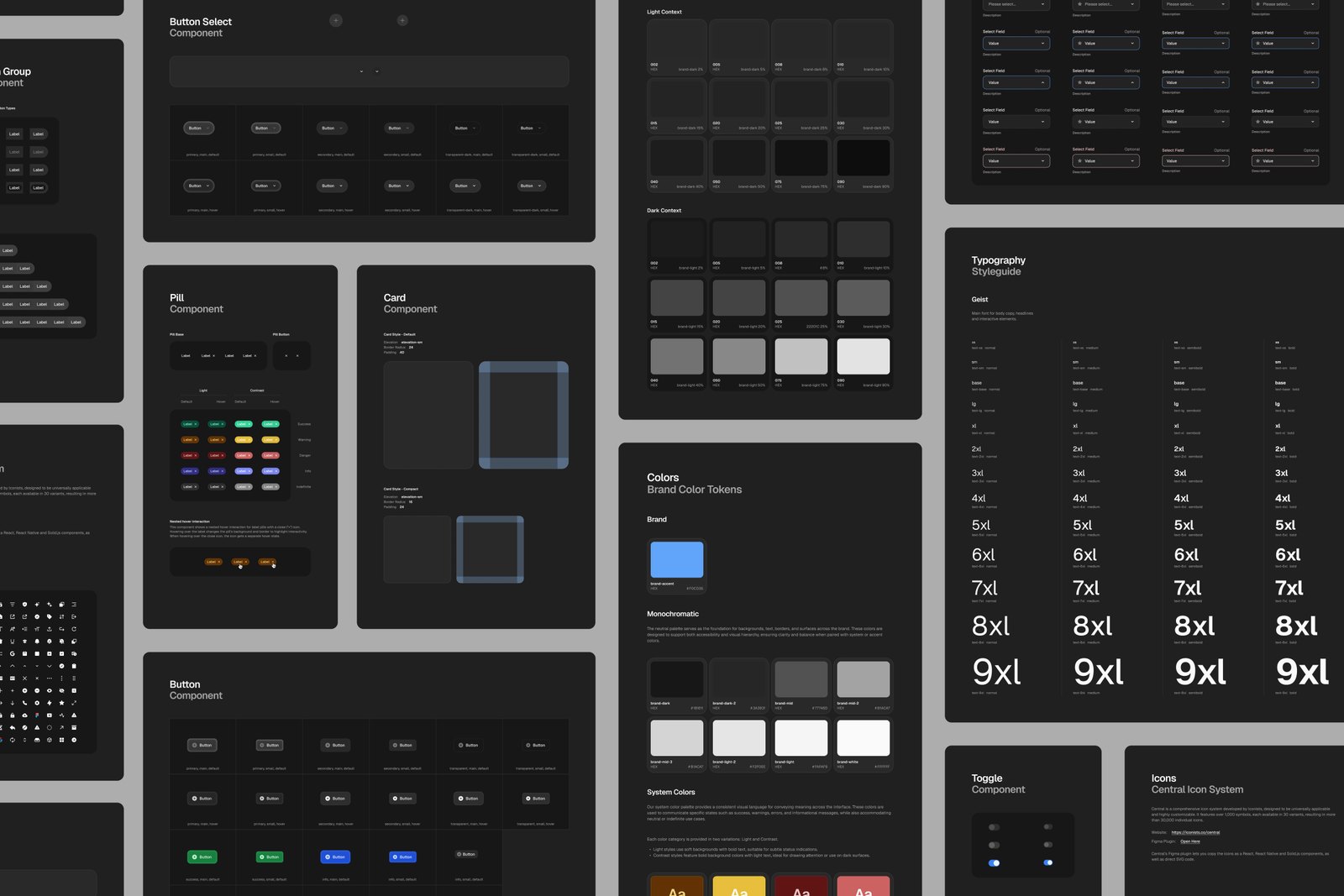 Design system board showing button, pill, card, color, typography and icon components