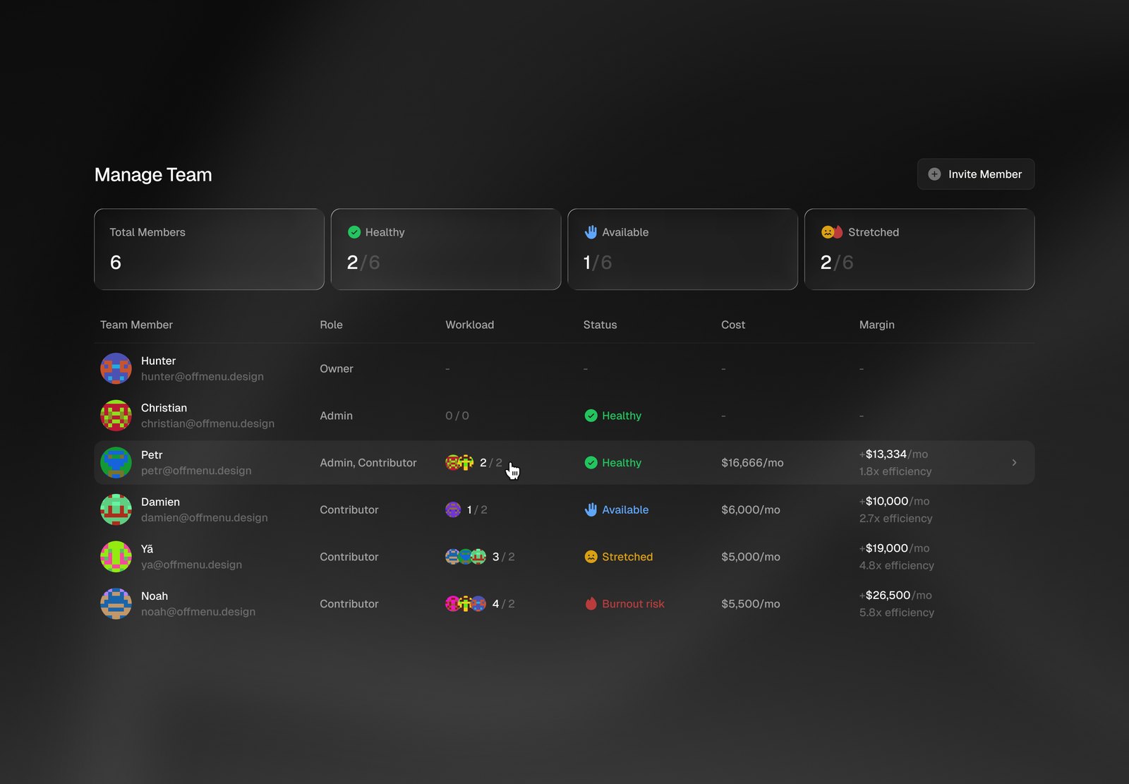 Manage Team table listing members with role, workload, status, cost and margin