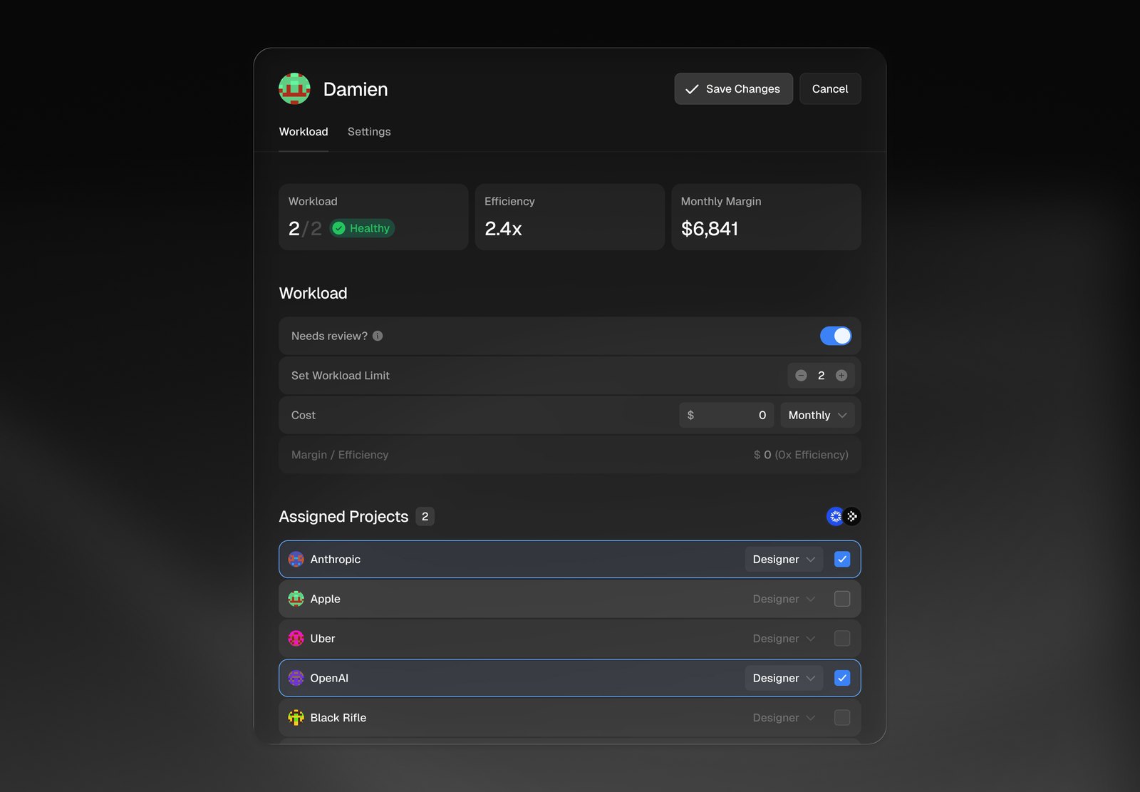 Team member detail panel with workload settings and assigned projects