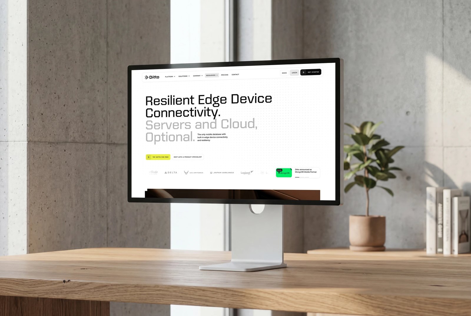 The Ditto marketing site on a desktop: Resilient edge device connectivity, servers and cloud optional