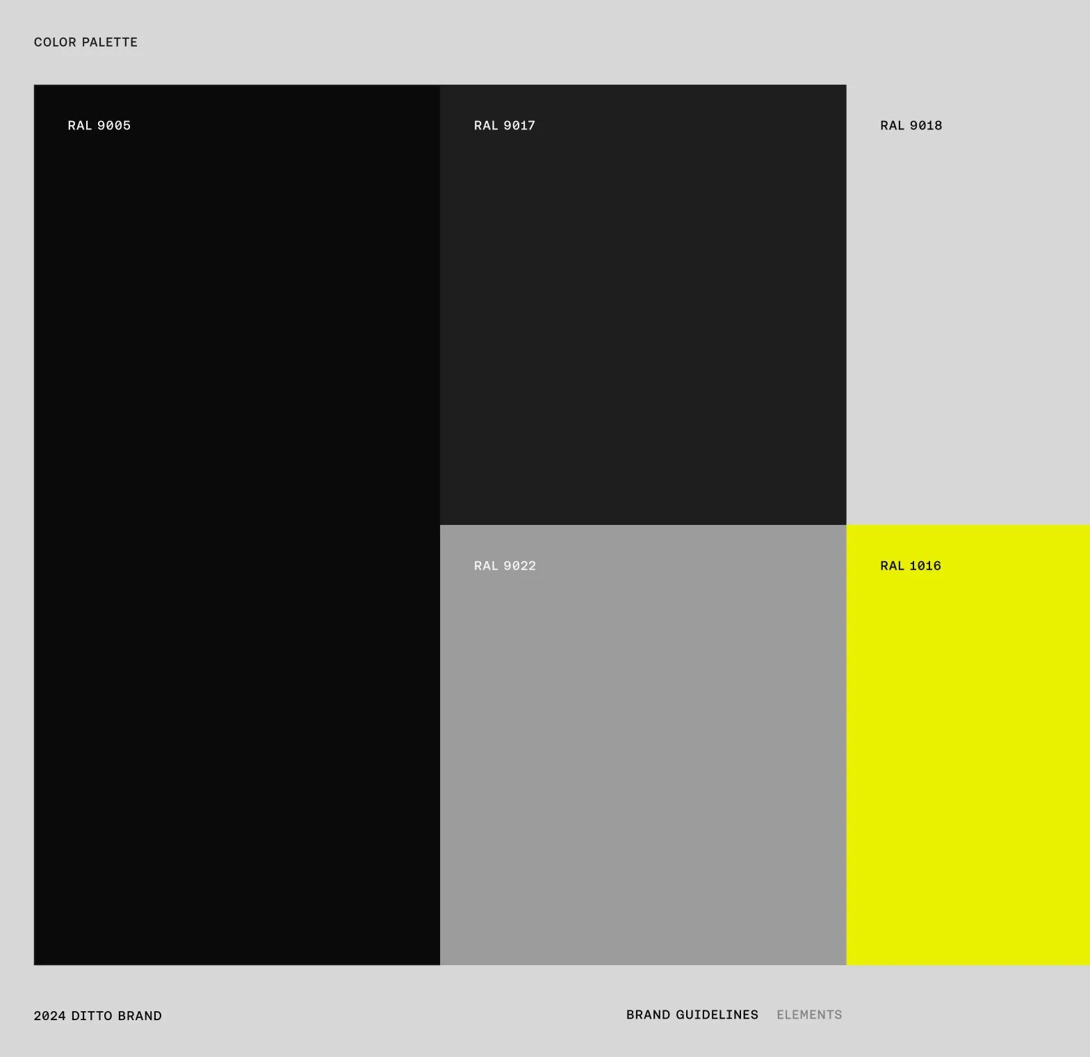 The Ditto color system: a field of grays anchored by one signal yellow