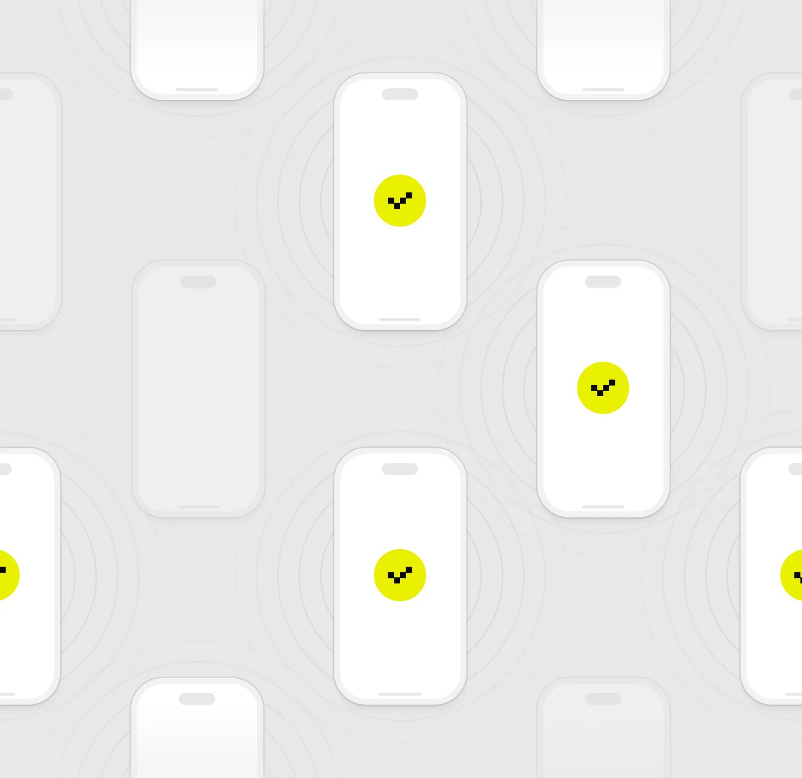The sync pattern: phones across a field, each marked synced in yellow