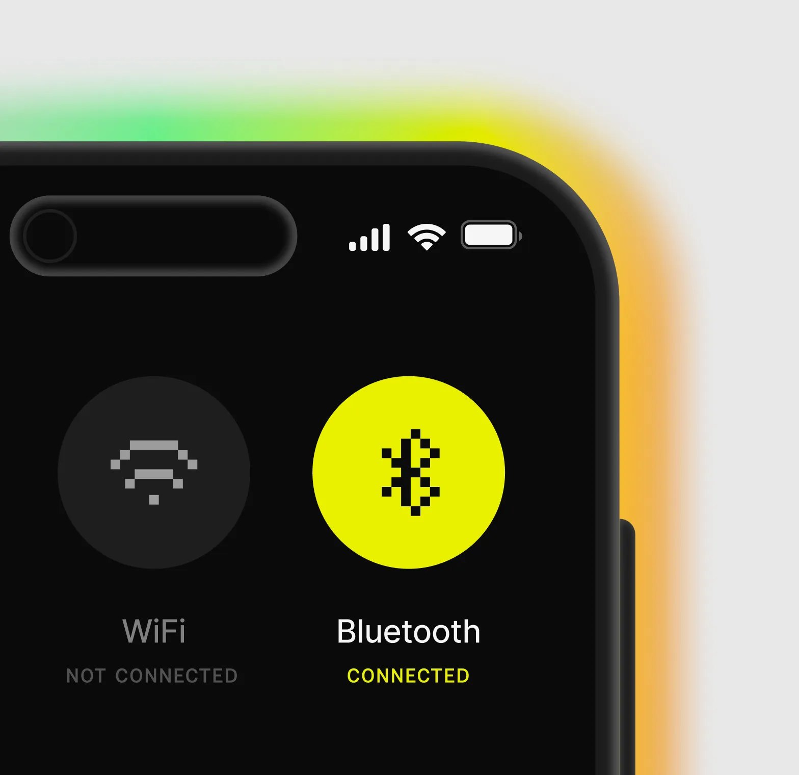 Device UI showing Bluetooth connected in signal yellow while WiFi is off