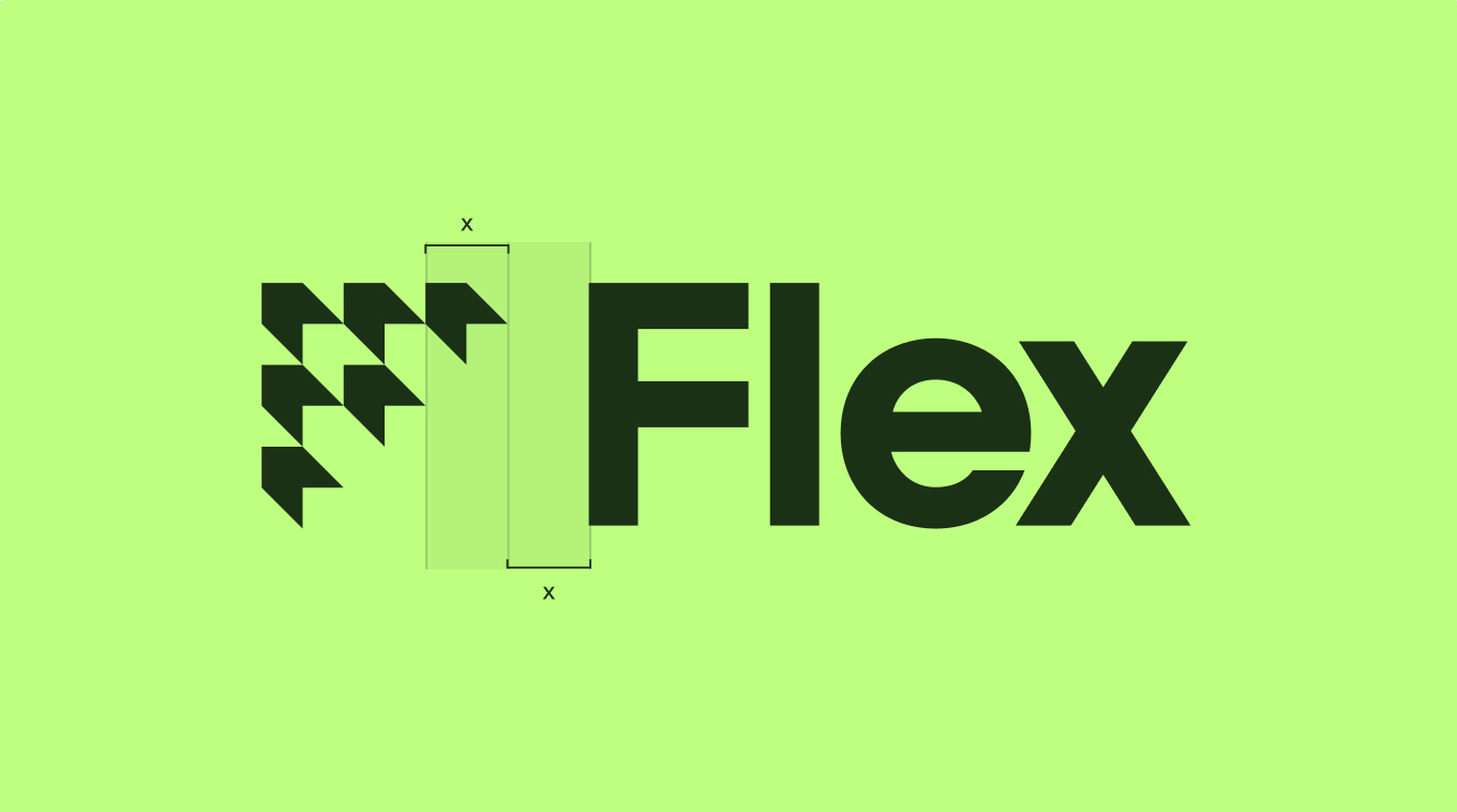 Flex logo with a checkered F mark and wordmark in dark green on Flex green, with construction guides