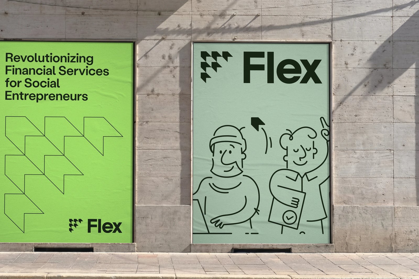 Two Flex posters mounted on an exterior wall, one with the wordmark and one with a line illustration of two people