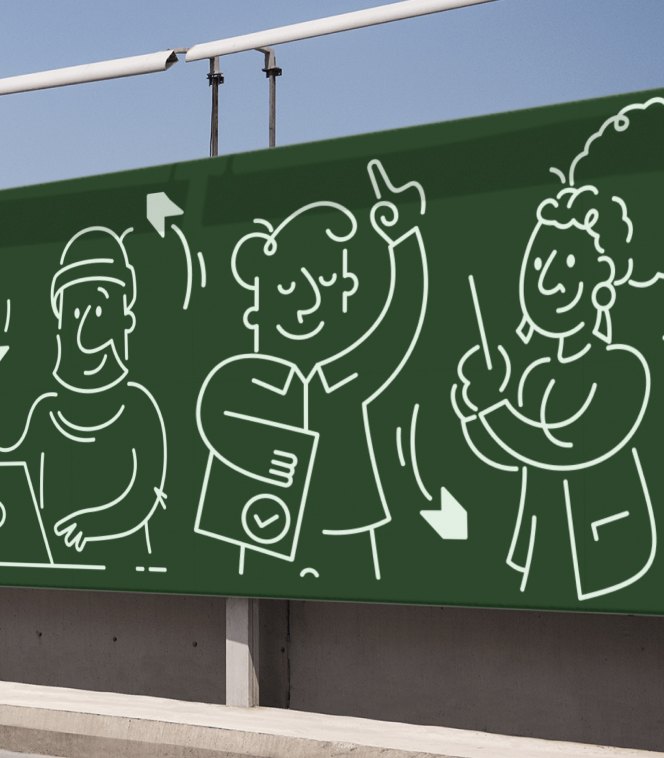 Dark green billboard showing the Flex line-illustration characters on a highway overpass