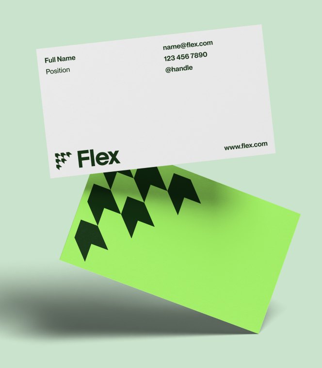 Two Flex business cards, a white contact card and a green card with the repeating F mark pattern