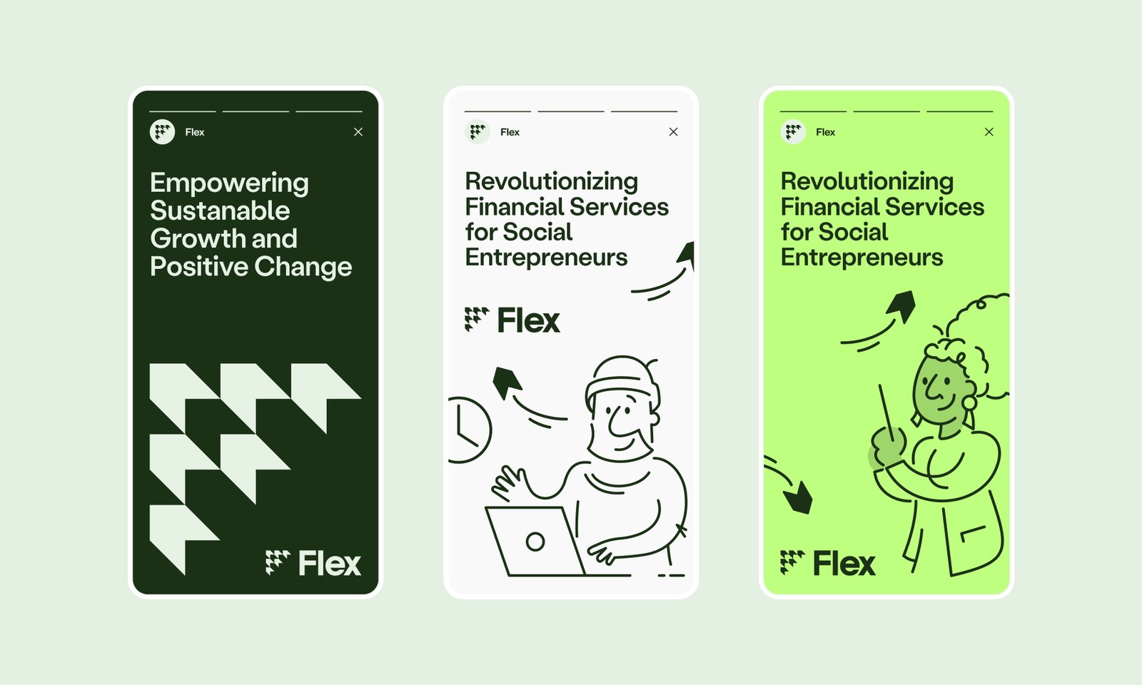 Three Flex mobile screens in dark green, white and light green with headline text, the logo and line illustrations