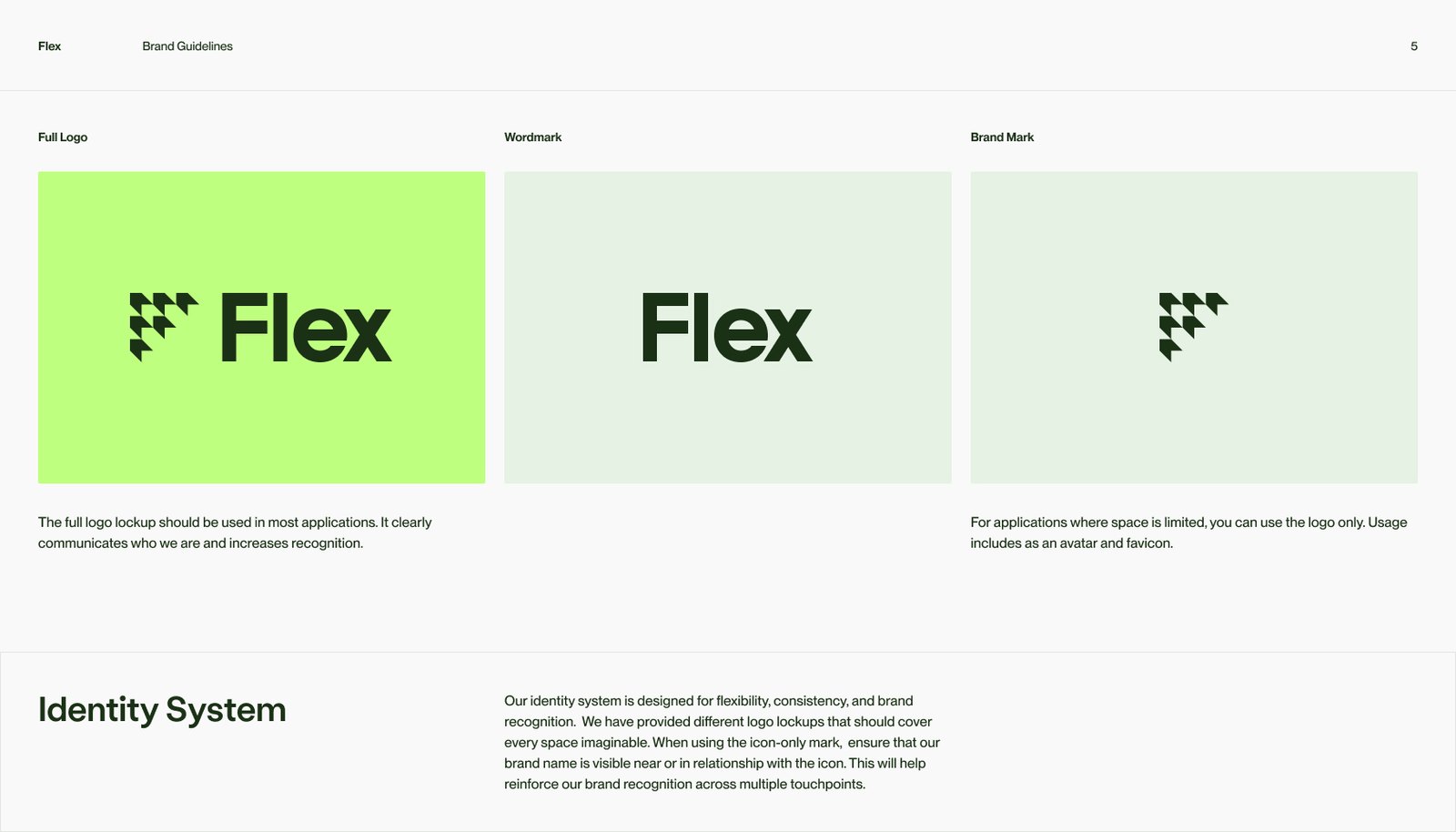 Flex brand guideline page showing the full logo lockup, the wordmark and the standalone brand mark