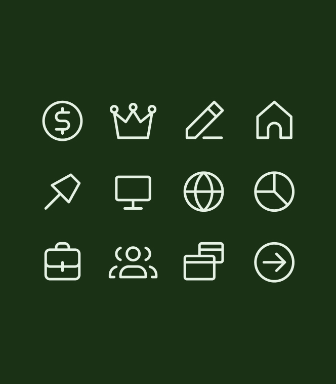 Set of twelve Flex line icons in light green on dark green