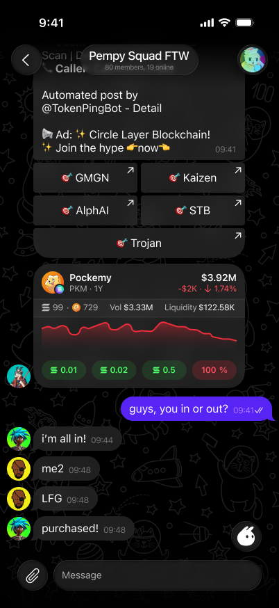 Frontrun group feed with live token cards, trade links and chat messages