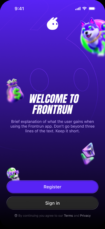 Frontrun welcome screen with the brand mascots and register and sign in buttons