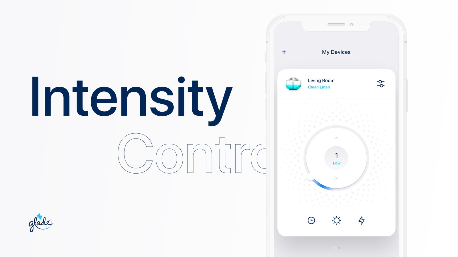 Intensity control screen beside a phone showing the Glade app