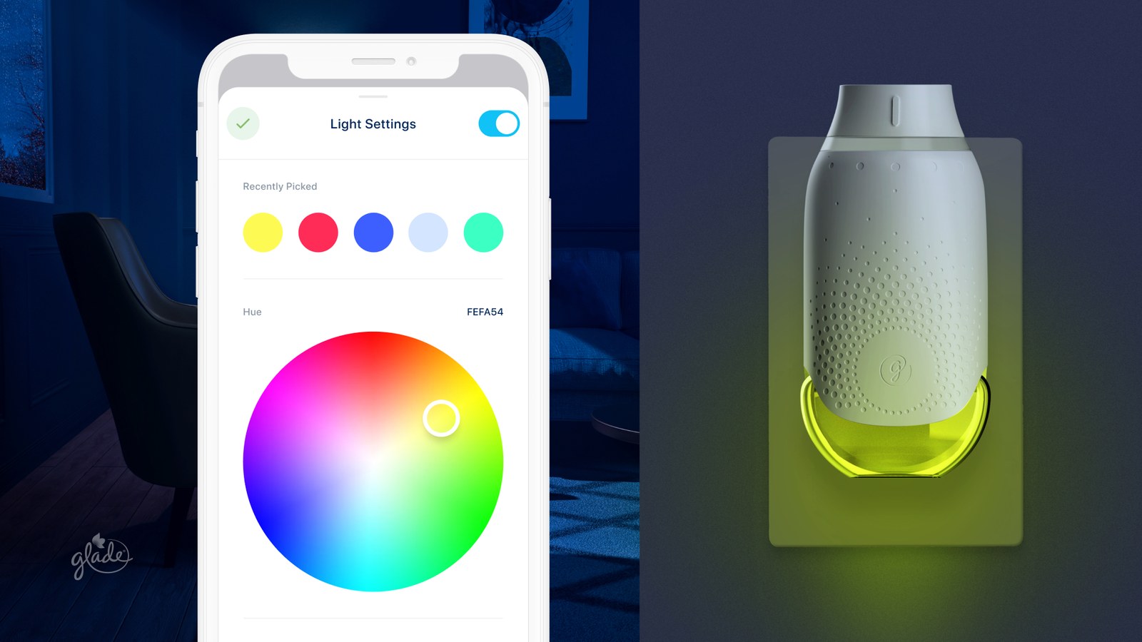 App color picker beside the Glade device glowing yellow