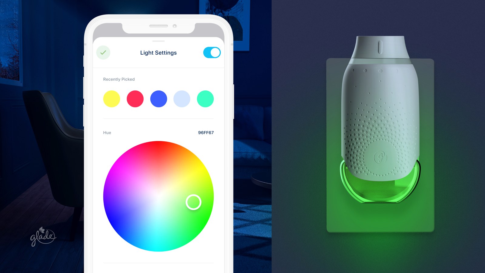 App color picker beside the Glade device glowing green