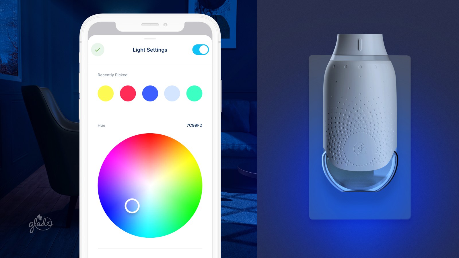 App color picker beside the Glade device glowing blue