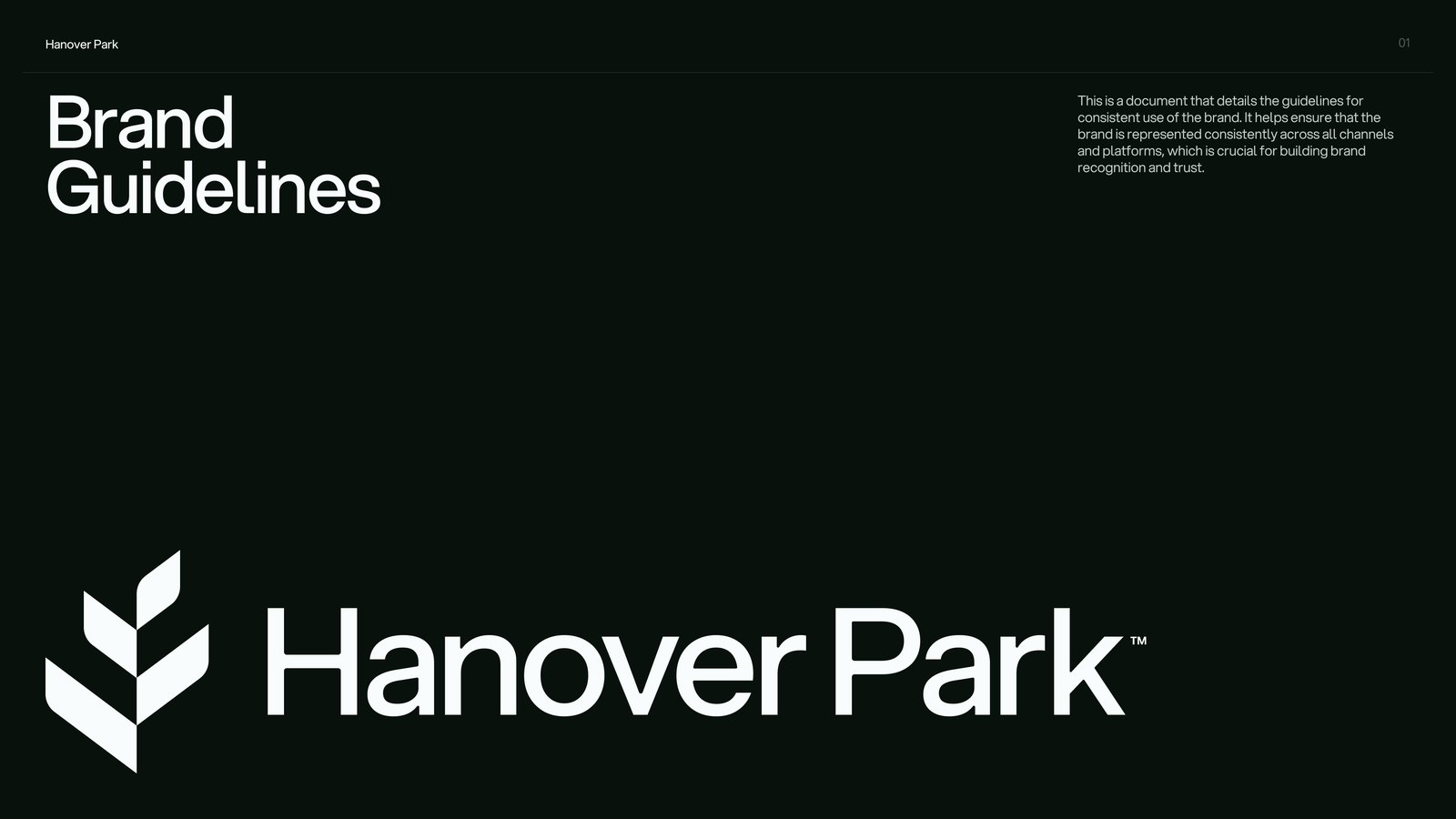 Brand guidelines title slide with the Hanover Park mark and wordmark on a dark green background