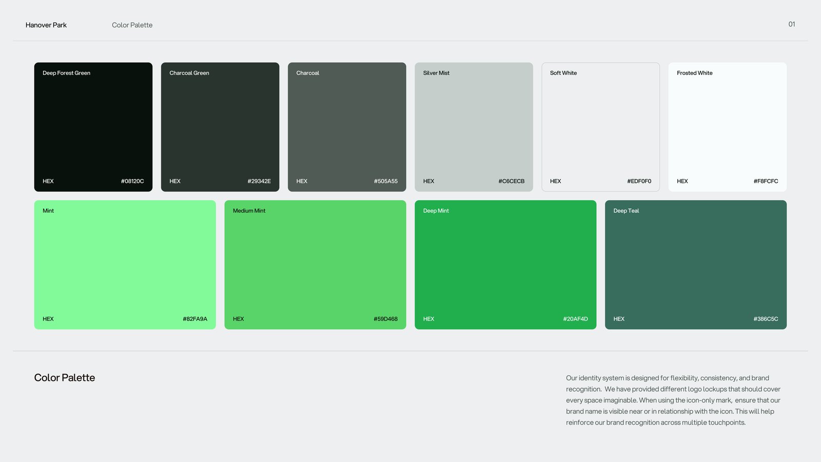 Brand color palette of green and neutral swatches