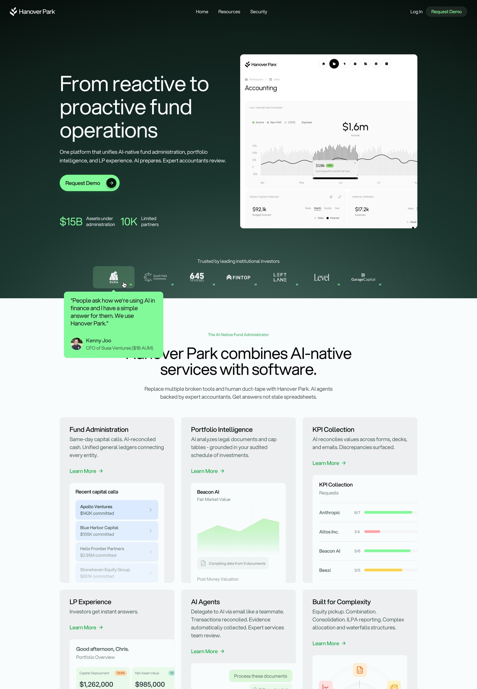 Hanover Park website pages including a hero section and a product dashboard