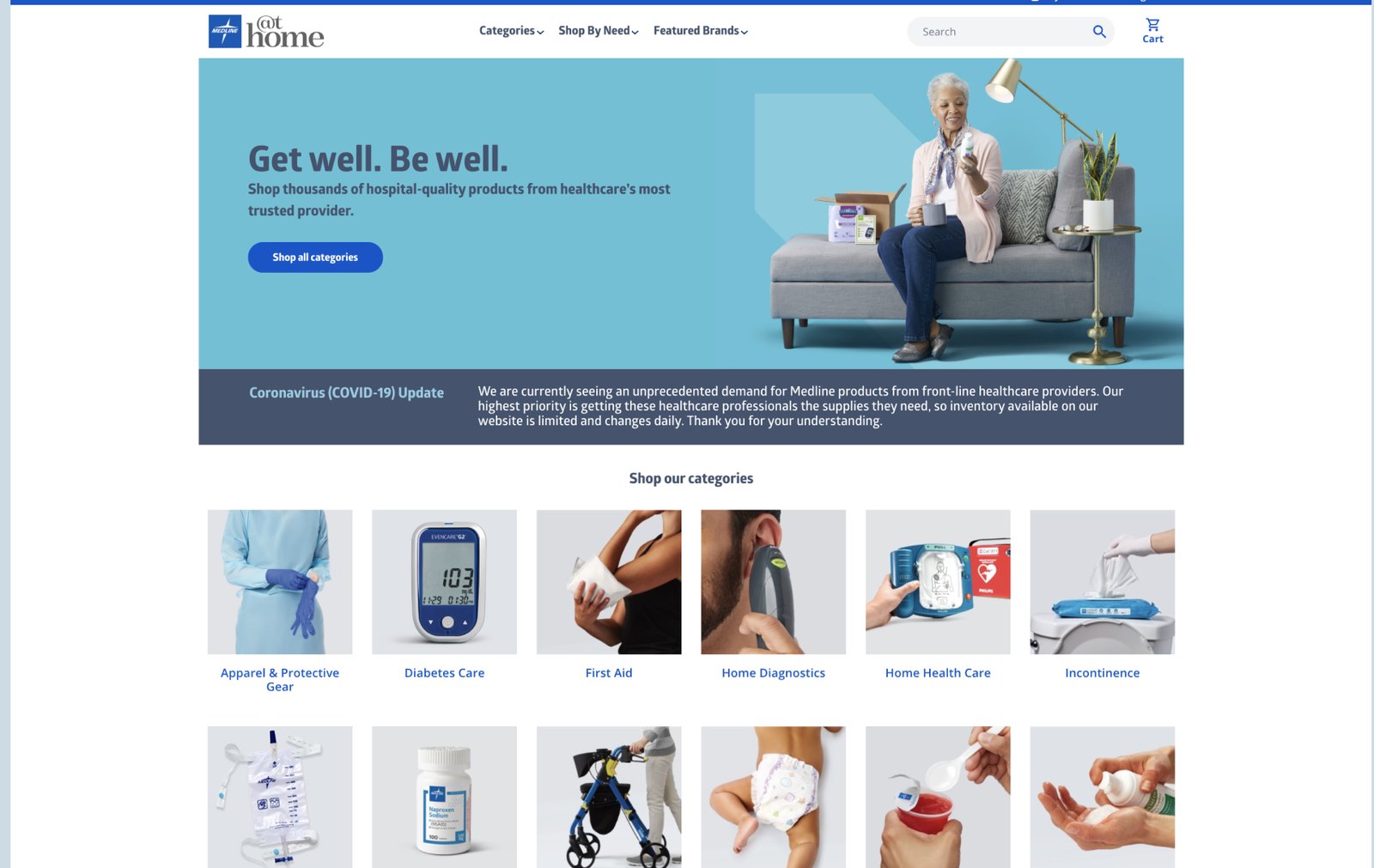 Medline at Home homepage with a Get well, Be well hero