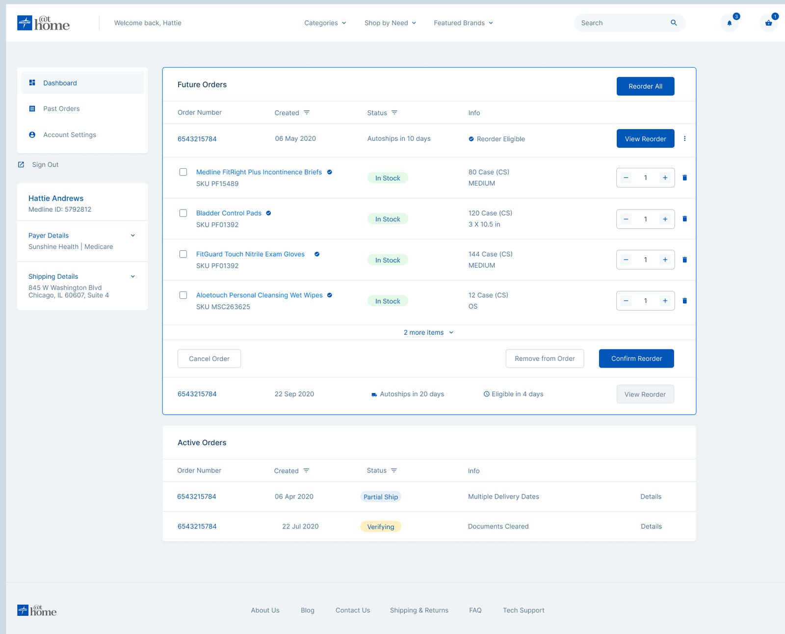Account dashboard listing orders in a table