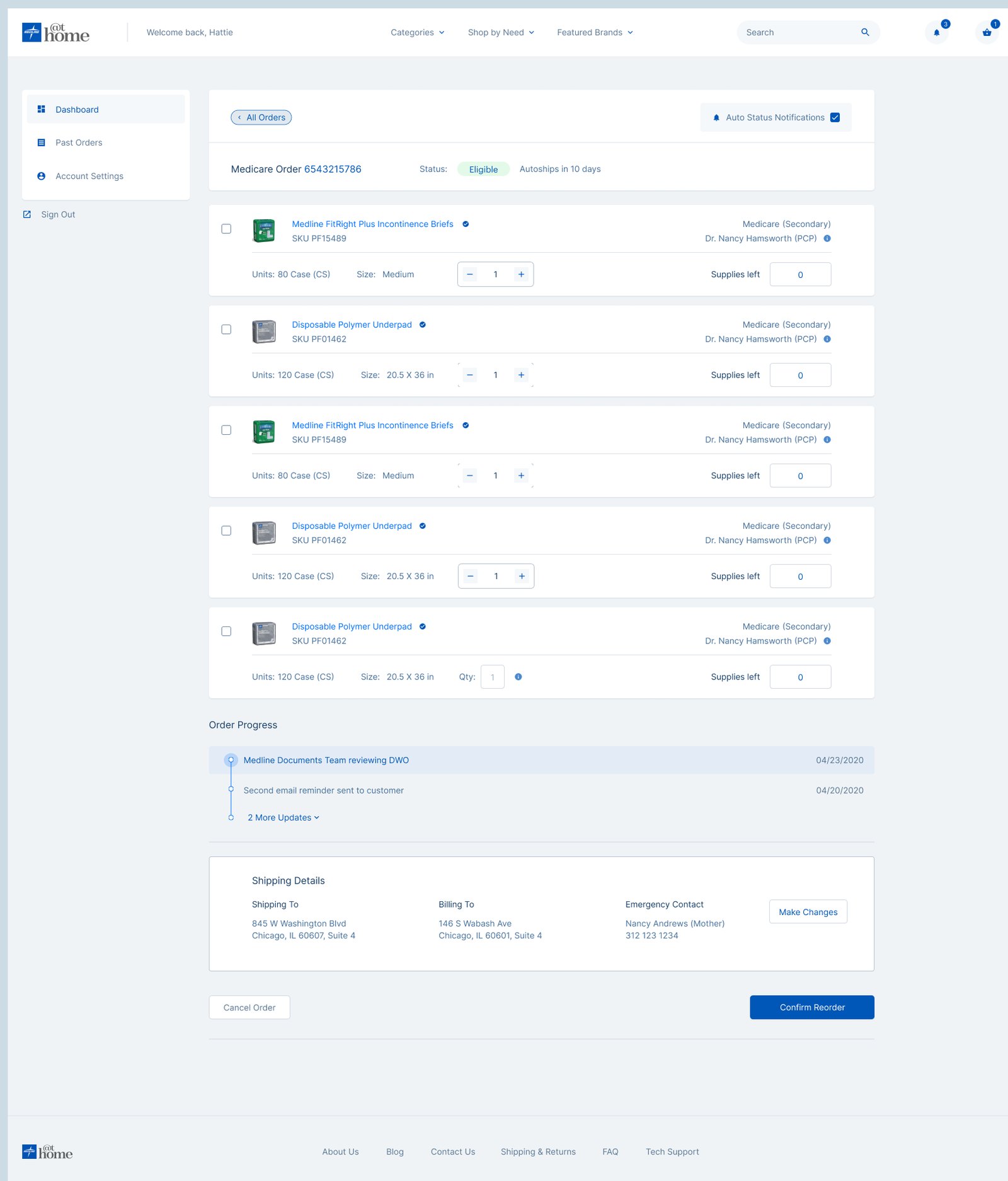 Order detail with a side panel of order information