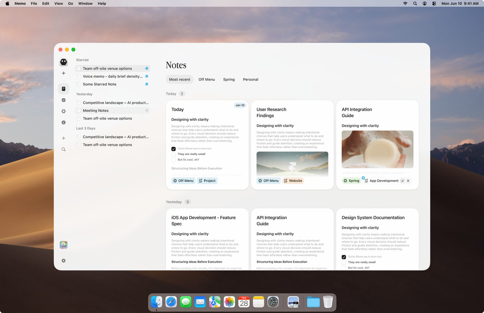 The Notes view in Memo, with note cards grouped by day and filtered by tag