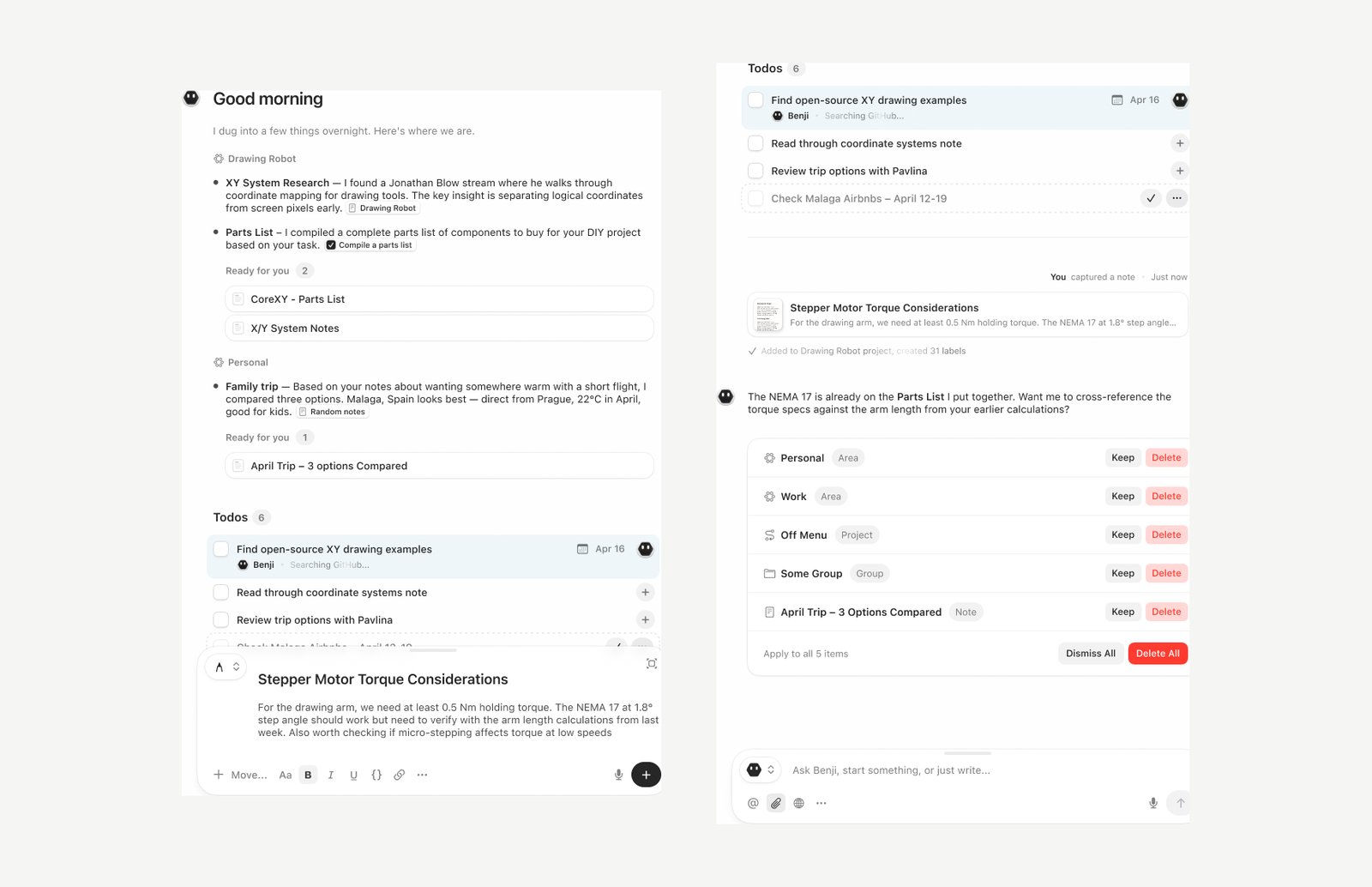 Capturing a note and Benji connecting it to existing notes and tasks when the match is confident