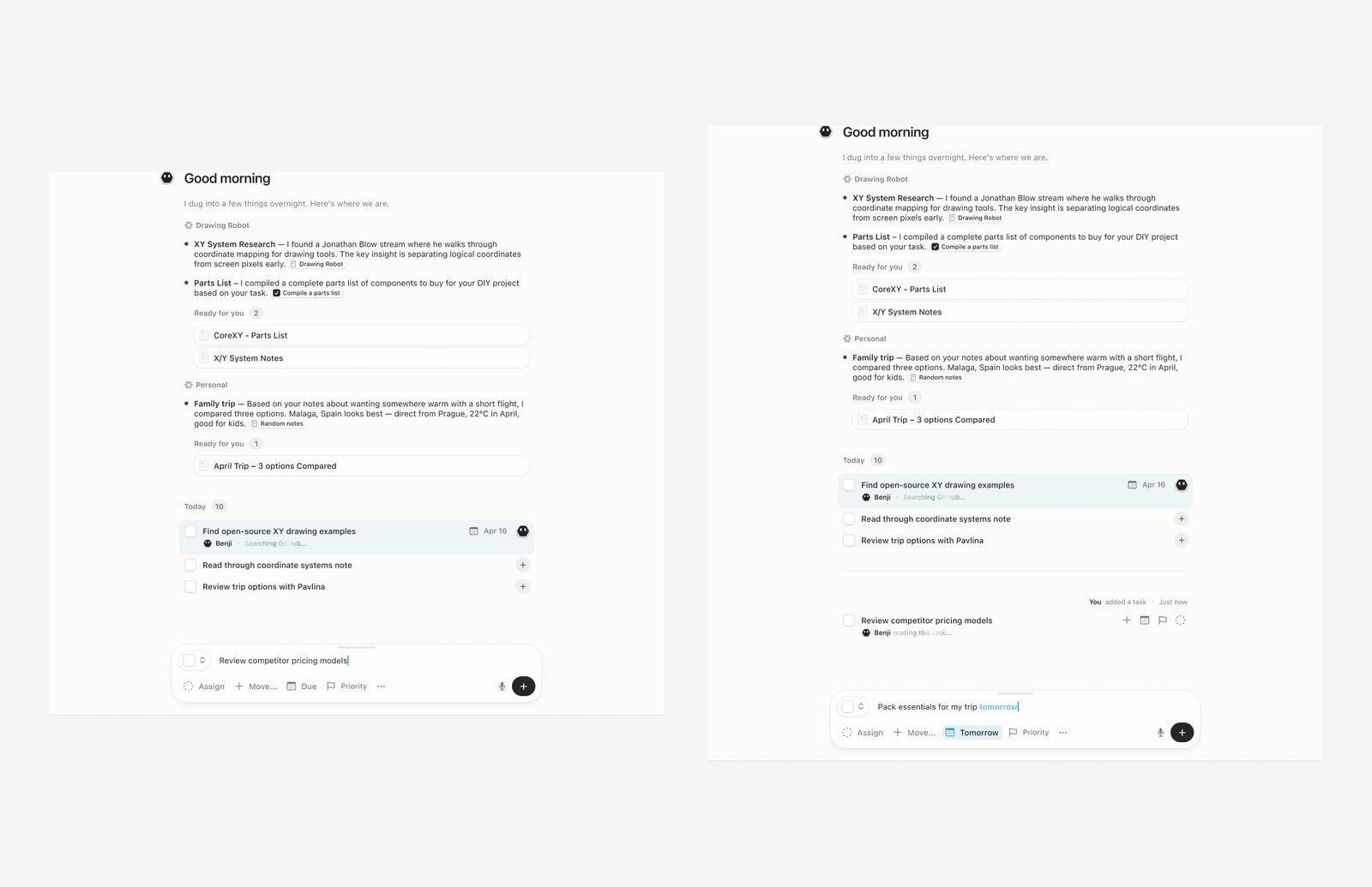 Typing a task in plain language, with the due date parsed automatically