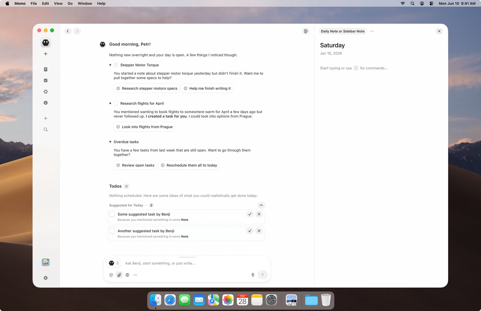 Memo open on a Mac: the daily note greets you by name with Benji's overnight brief and a short list of suggested tasks