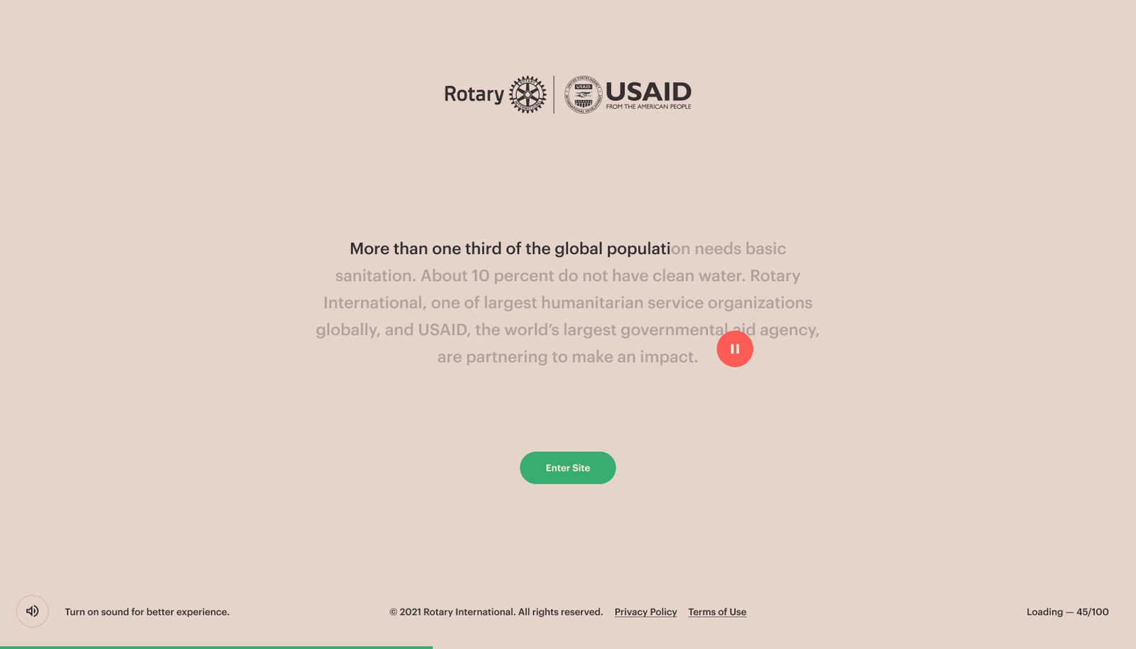 Campaign site entry screen with the Rotary and USAID logos and the partnership mission