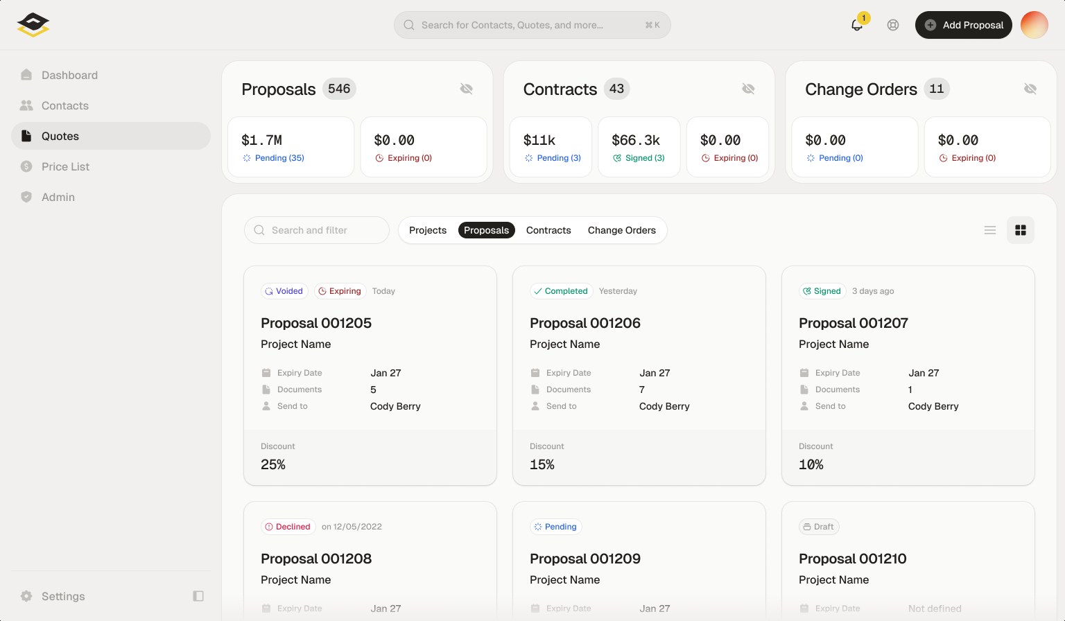 Siteplan Quotes dashboard with proposals, contracts and change orders summarized above a grid of proposal cards