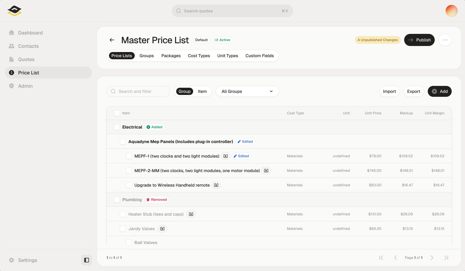 Siteplan master price list with groups, items, cost types and margins, plus import and export