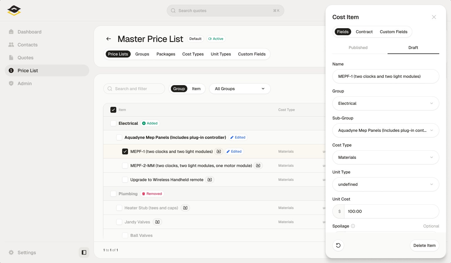 Editing a cost item in the price list, with a side panel for fields, cost type and unit cost