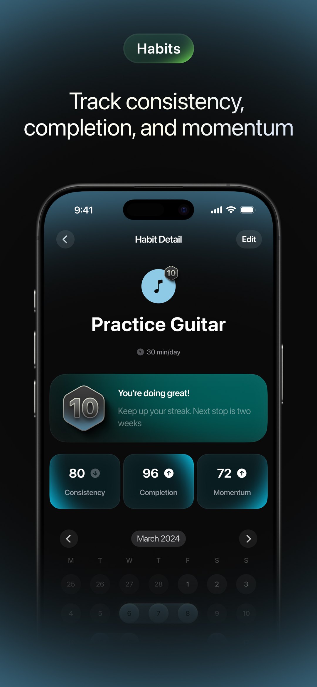 Habit detail for Practice Guitar showing consistency, completion and momentum scores with a calendar