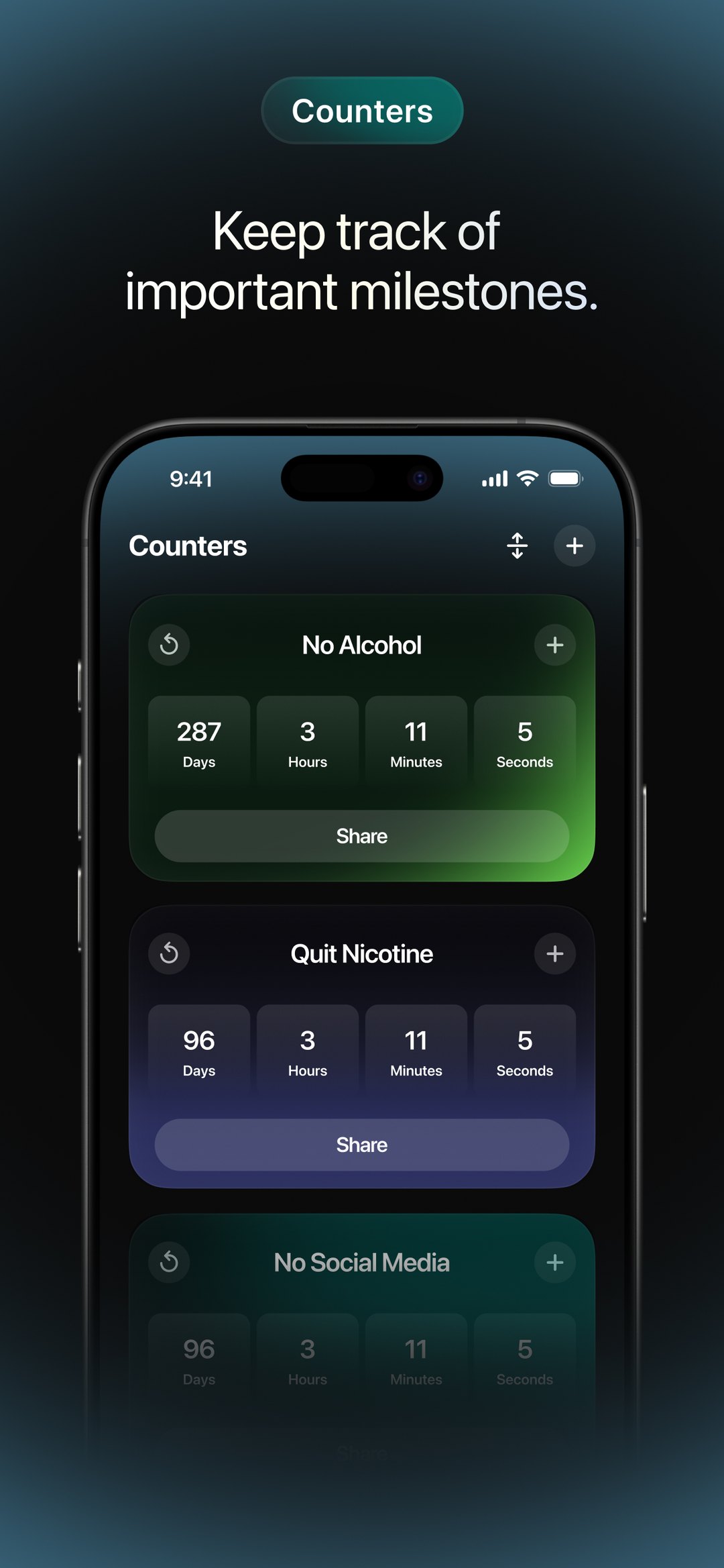 Counters screen tracking abstinence streaks like No Alcohol and Quit Nicotine in days, hours, minutes and seconds