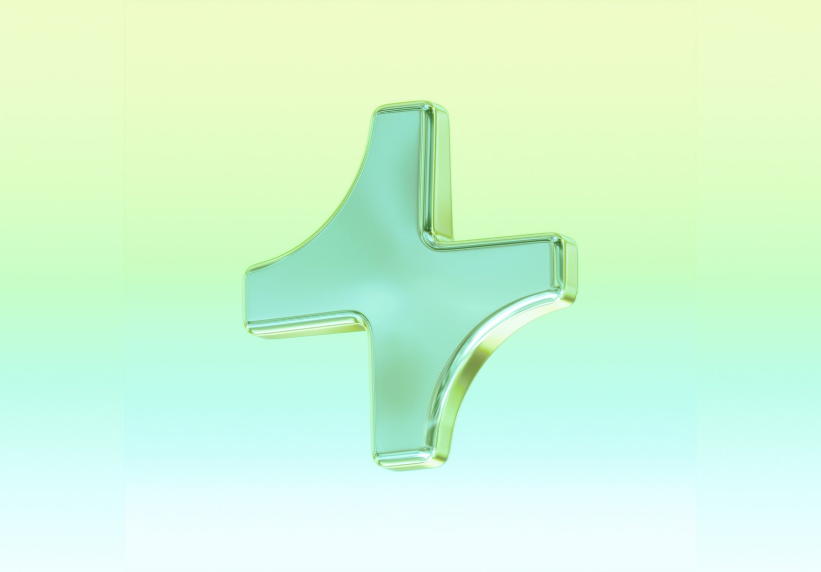 Glassy plus-shaped brand mark on a green gradient