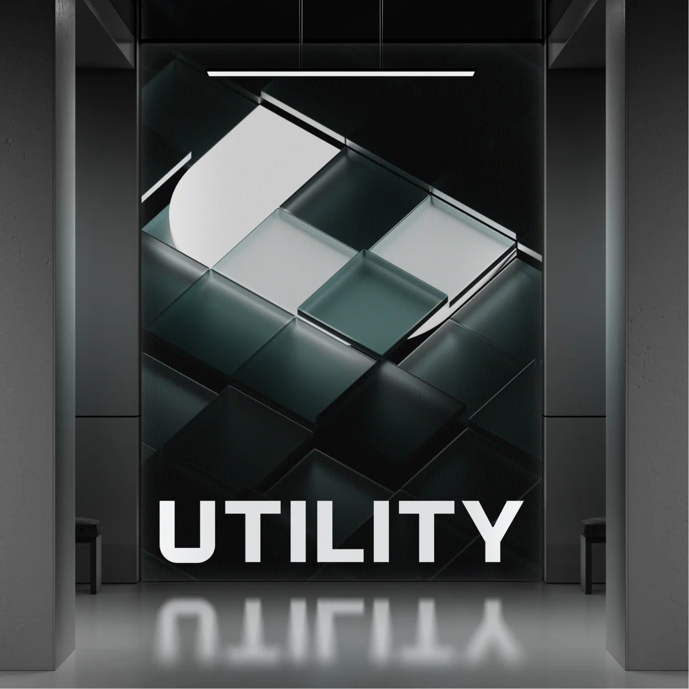 Utility logotype set against a stacked glass three-dimensional form
