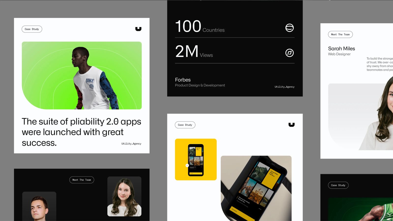 Collection of product interface screens with metrics and content cards