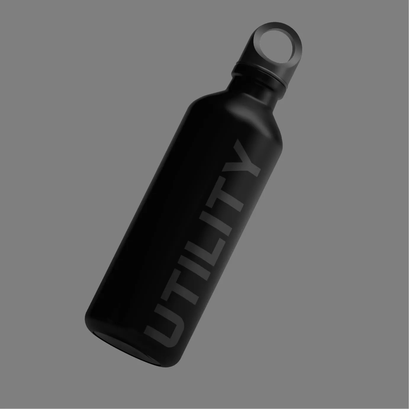 Black branded water bottle product render on gray