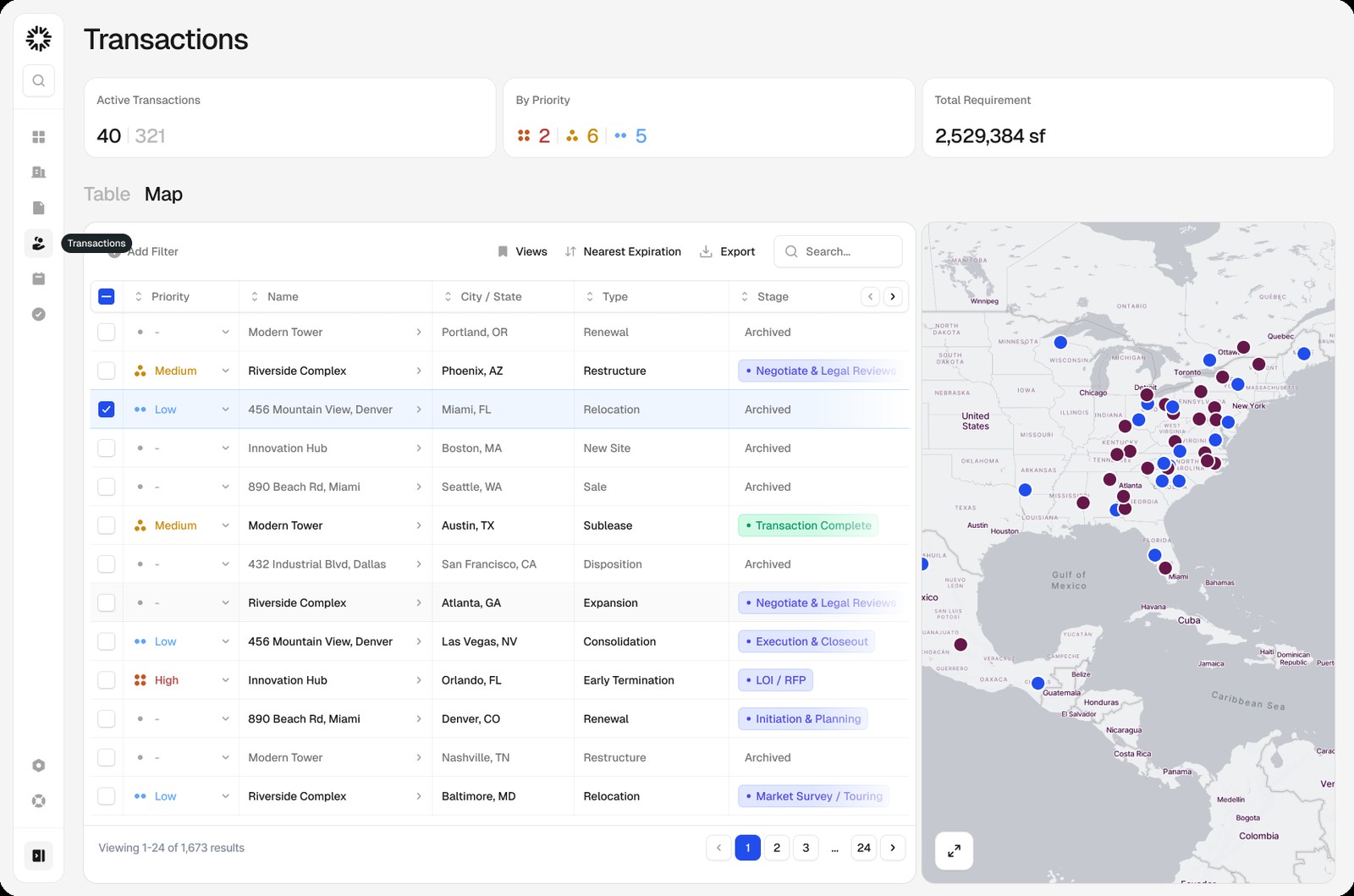 VPortal transactions dashboard with a table of active deals beside a map of locations