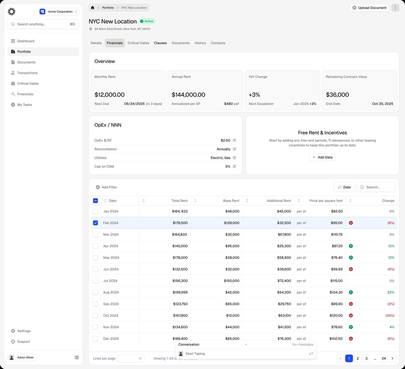 VPortal financials view for a location with a rent overview and monthly schedule