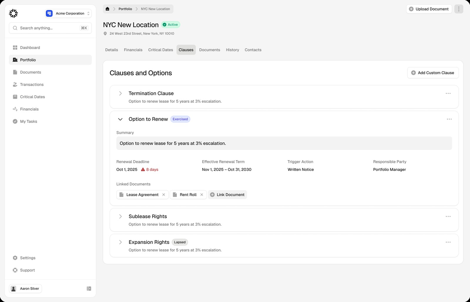 VPortal location page showing lease clauses and options