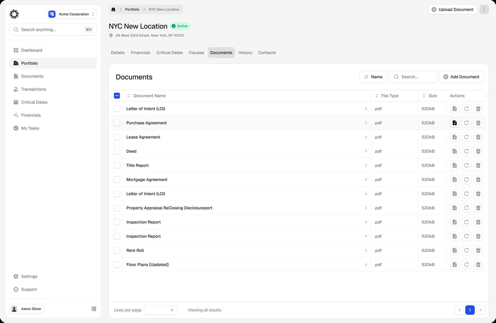 VPortal documents view for a location