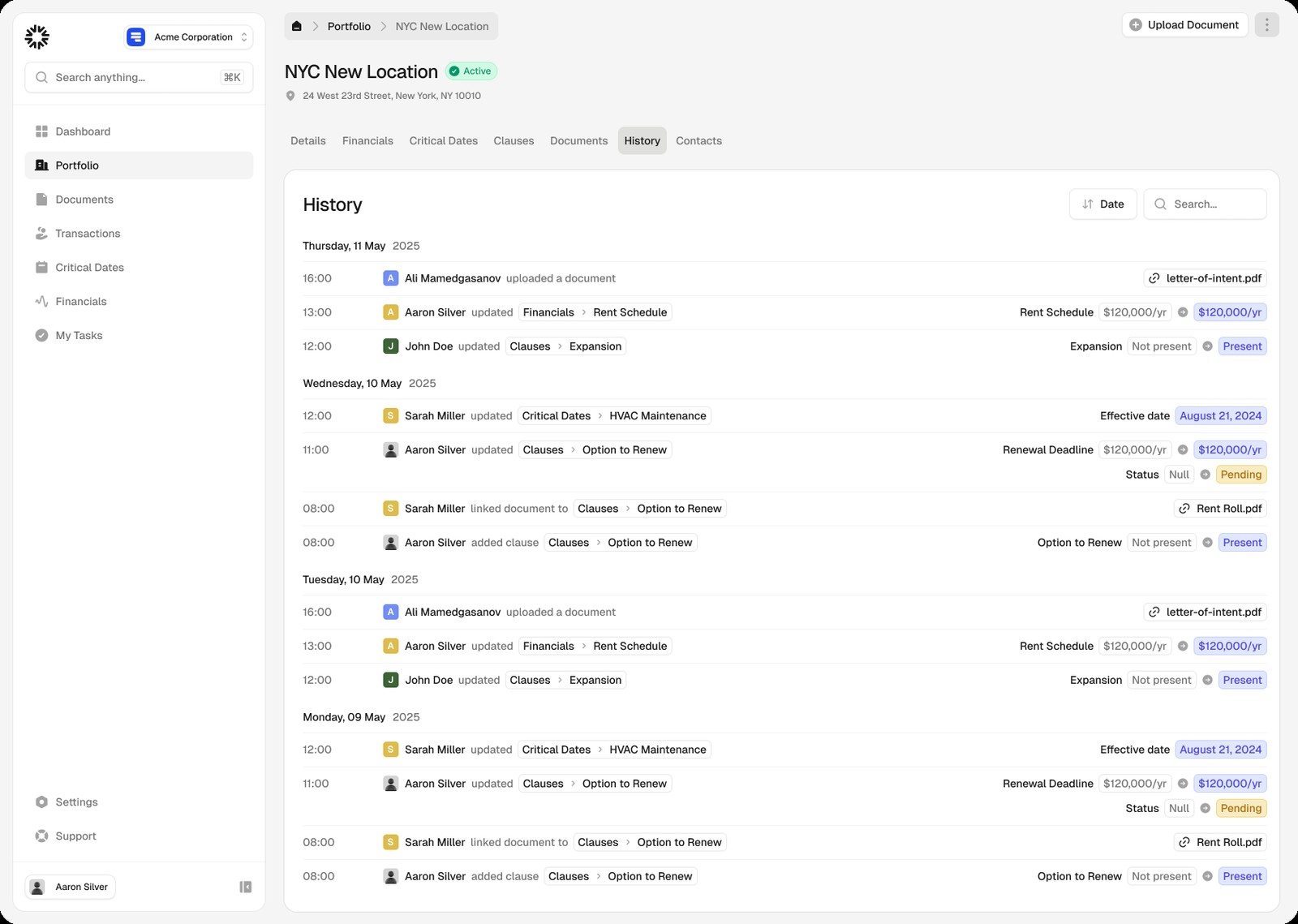 VPortal change history log for a location
